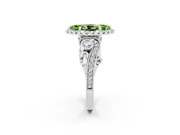 Silver Marquise Cut Peridot Halo Ring with Milgrain Pavé Band and Four-Prong Setting