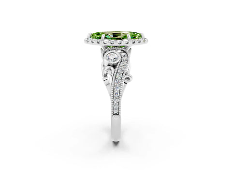 White gold Marquise Cut Peridot Halo Ring with Milgrain Pavé Band and Four-Prong Setting_14