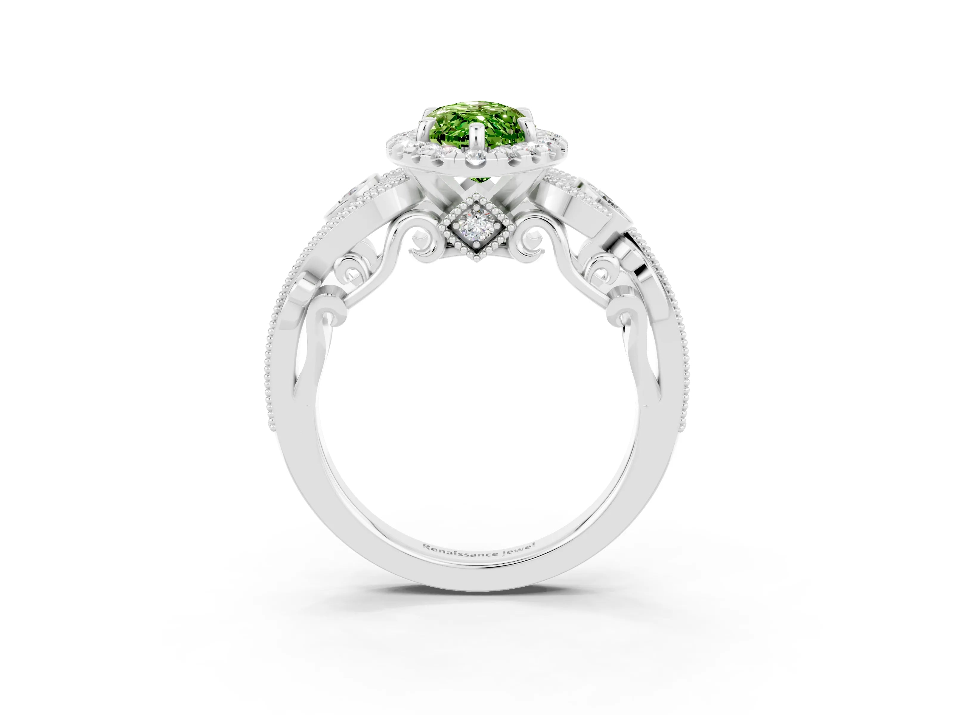 White gold Marquise Cut Peridot Halo Ring with Milgrain Pavé Band and Four-Prong Setting_15