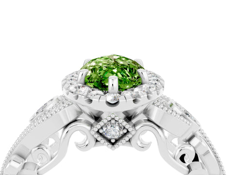 White gold Marquise Cut Peridot Halo Ring with Milgrain Pavé Band and Four-Prong Setting_16