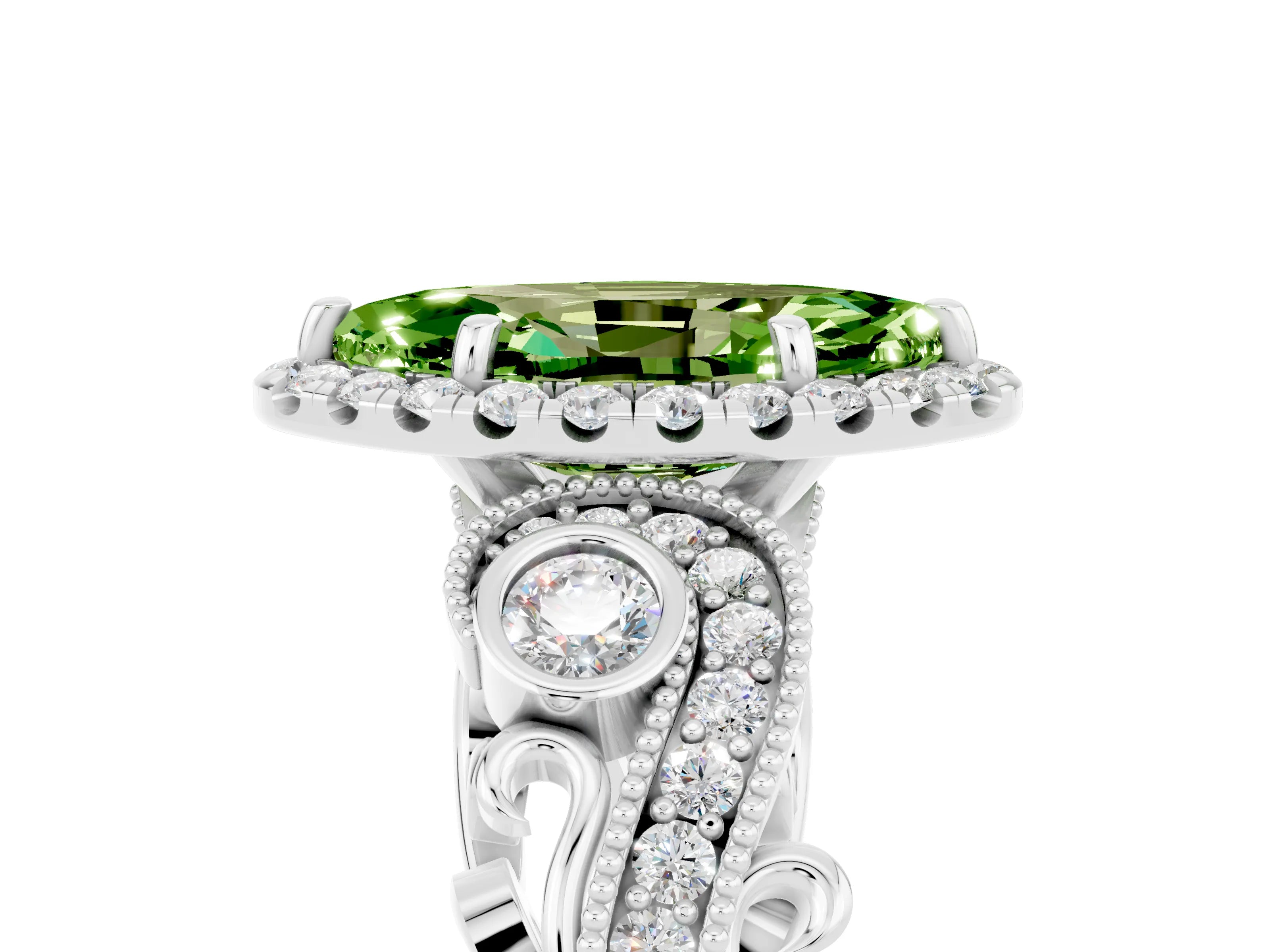 White gold Marquise Cut Peridot Halo Ring with Milgrain Pavé Band and Four-Prong Setting_17