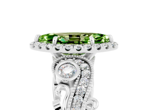 White gold Marquise Cut Peridot Halo Ring with Milgrain Pavé Band and Four-Prong Setting_17