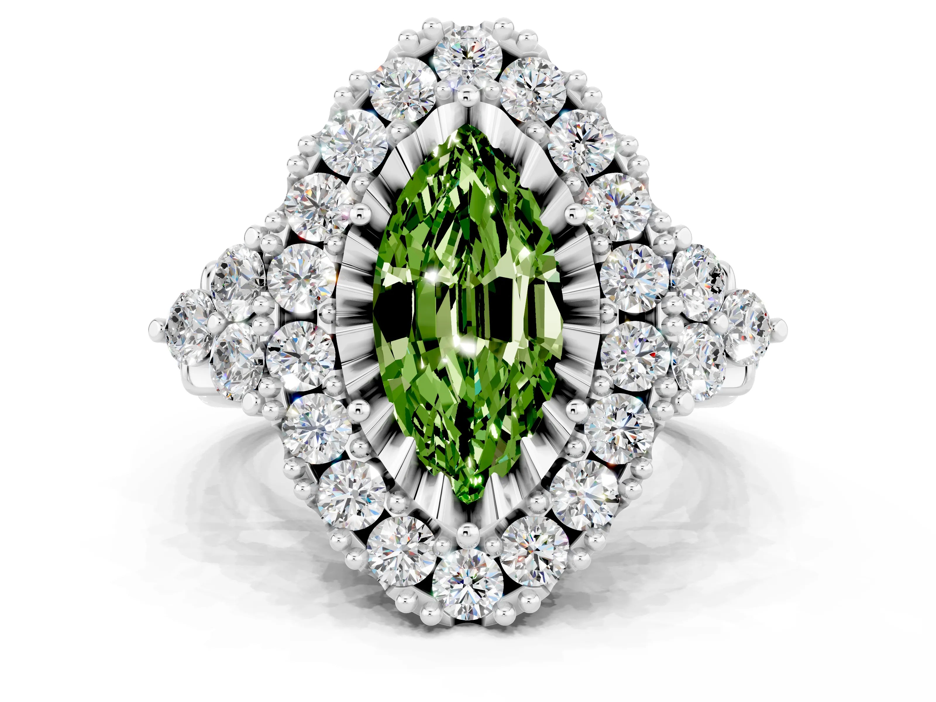 White gold Marquise Cut Peridot Halo Ring with Pavé Band and Four-Prong Setting_12