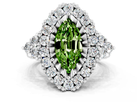 White gold Marquise Cut Peridot Halo Ring with Pavé Band and Four-Prong Setting_12