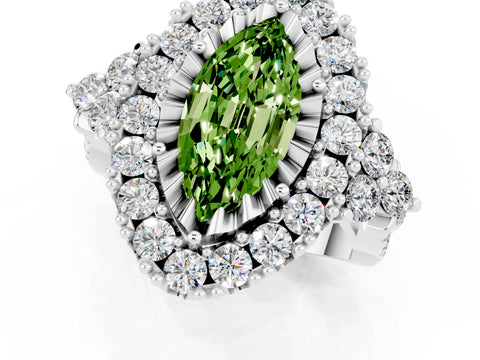 White gold Marquise Cut Peridot Halo Ring with Pavé Band and Four-Prong Setting_13