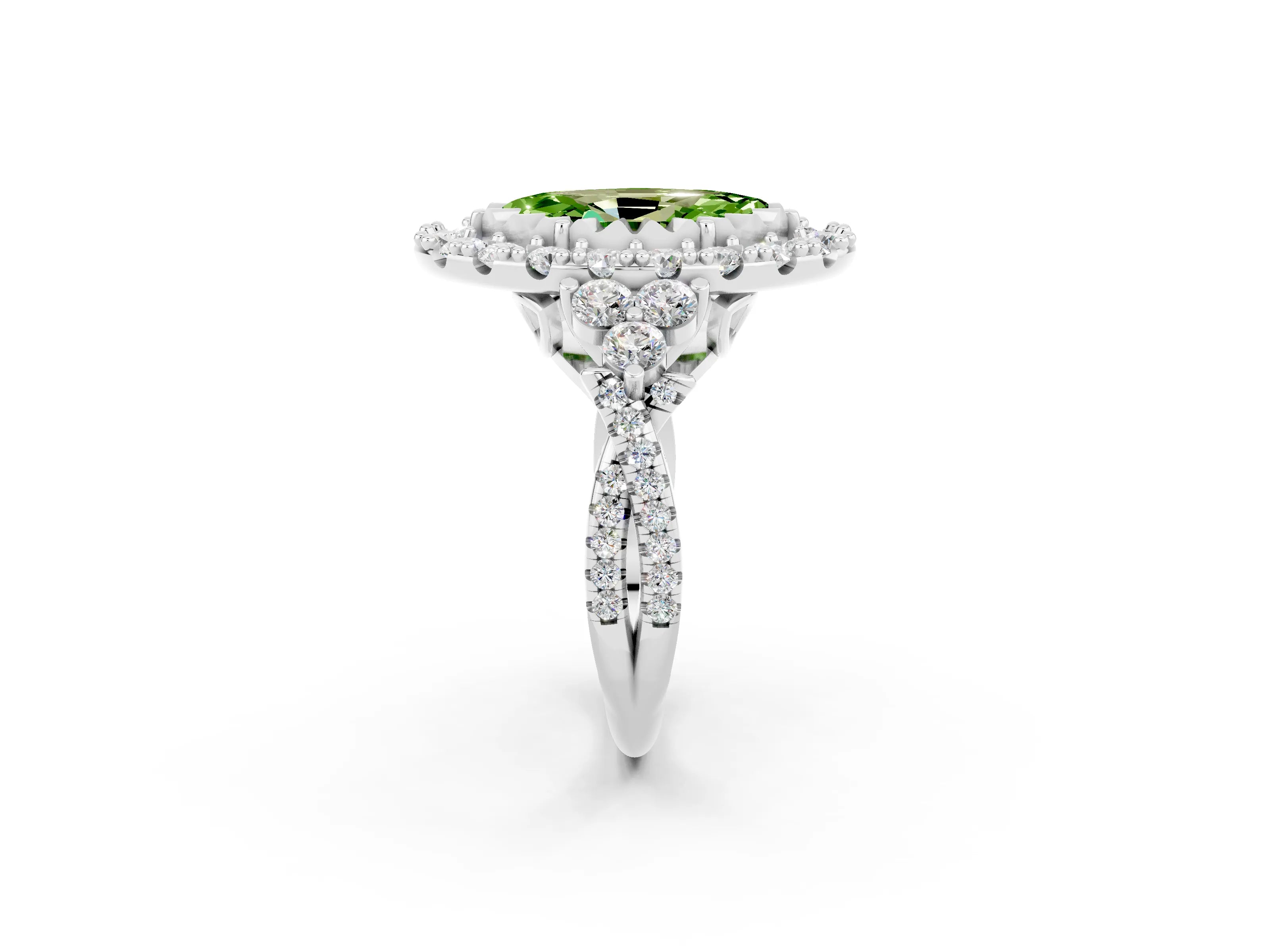 White gold Marquise Cut Peridot Halo Ring with Pavé Band and Four-Prong Setting_14