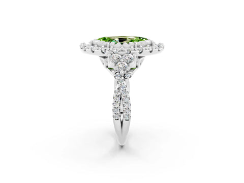 White gold Marquise Cut Peridot Halo Ring with Pavé Band and Four-Prong Setting_14