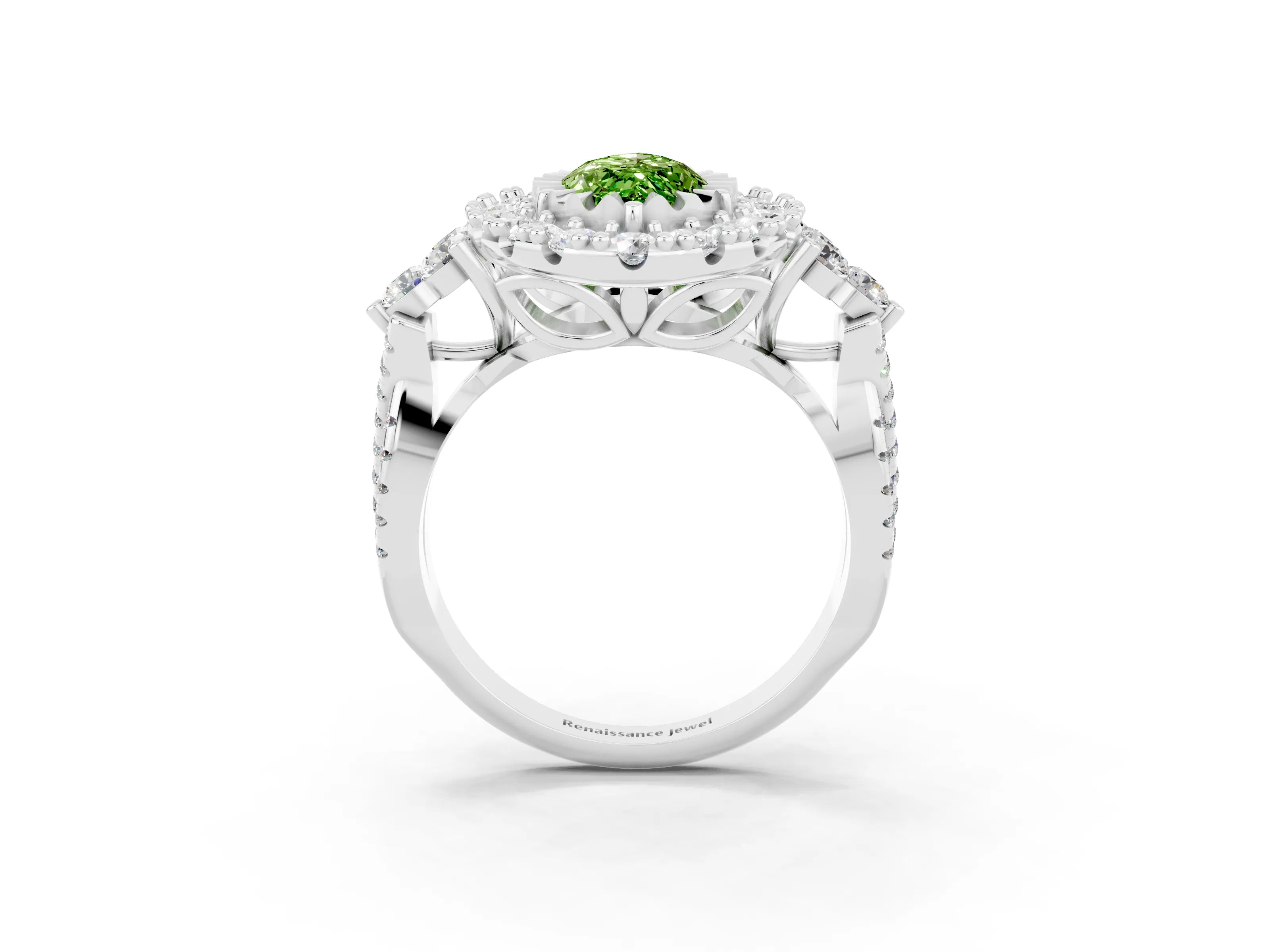 White gold Marquise Cut Peridot Halo Ring with Pavé Band and Four-Prong Setting_15