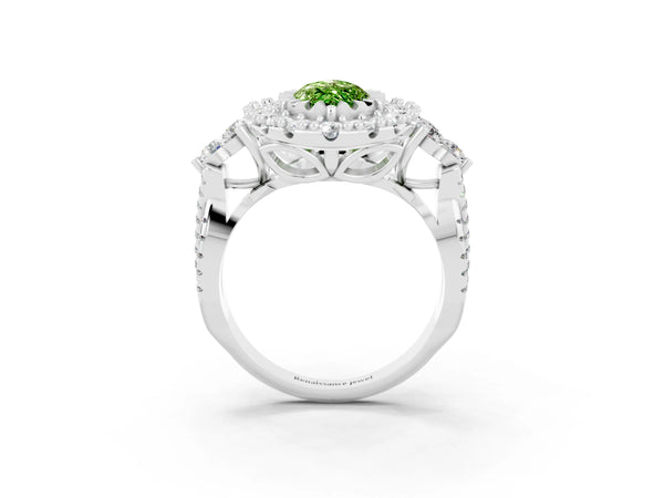 White gold Marquise Cut Peridot Halo Ring with Pavé Band and Four-Prong Setting