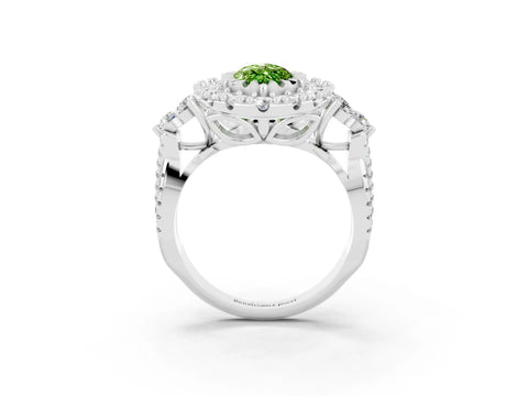 White gold Marquise Cut Peridot Halo Ring with Pavé Band and Four-Prong Setting_15