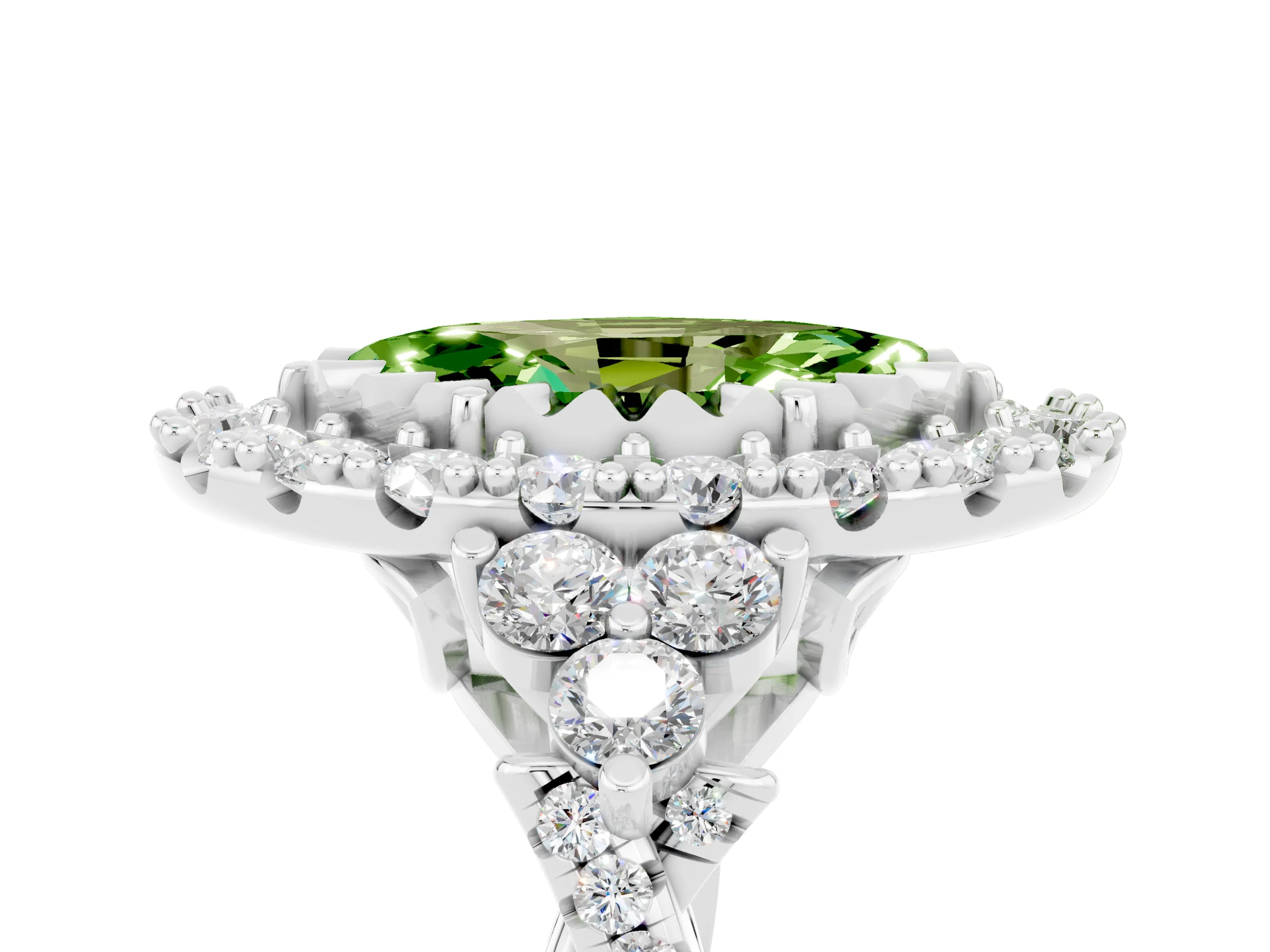 White gold Marquise Cut Peridot Halo Ring with Pavé Band and Four-Prong Setting_17