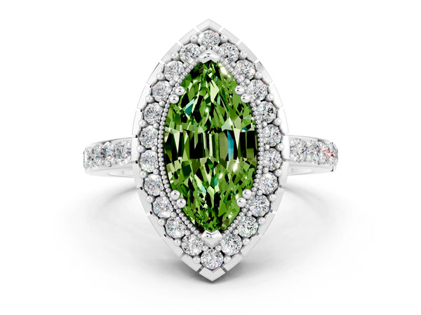 Platinum Marquise Cut Peridot Halo Ring with Pavé Band and Prong Setting