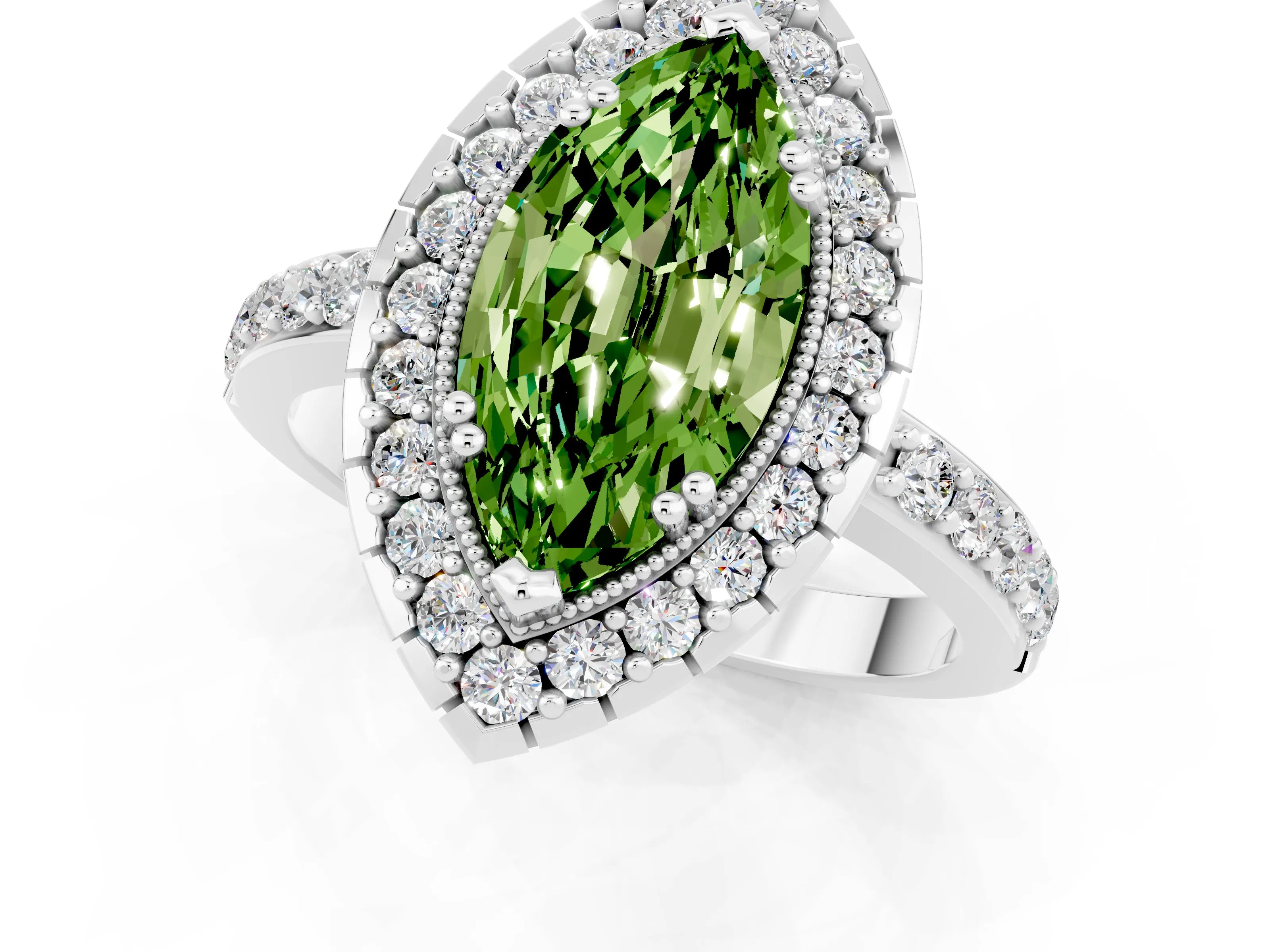 White gold Marquise Cut Peridot Halo Ring with Pavé Band and Prong Setting_1