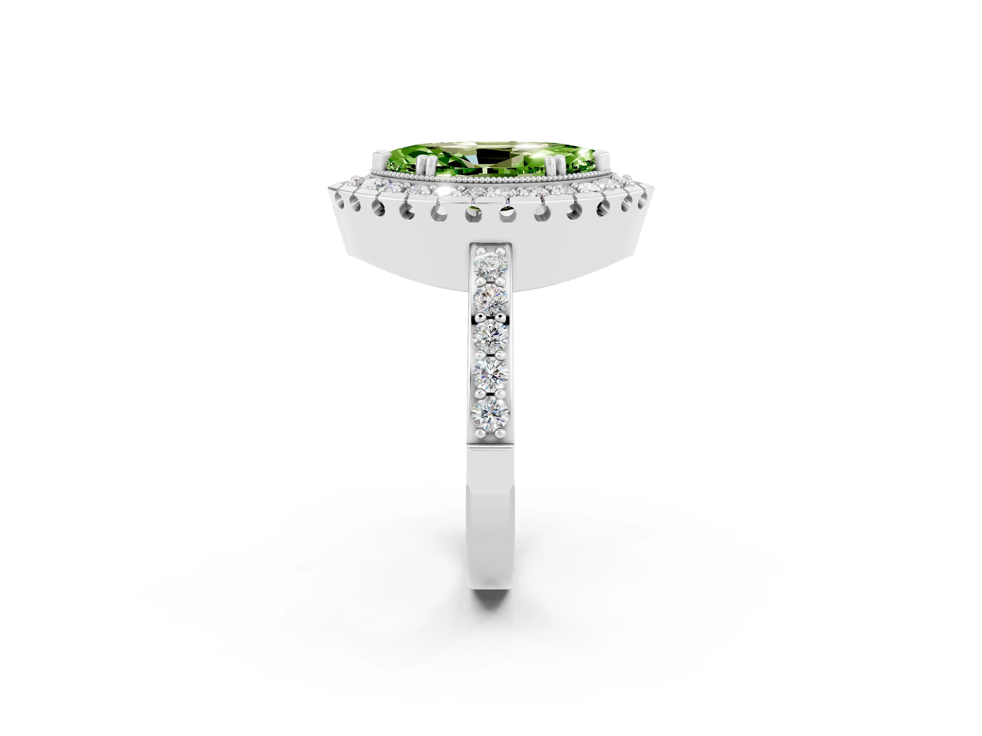 White gold Marquise Cut Peridot Halo Ring with Pavé Band and Prong Setting_2