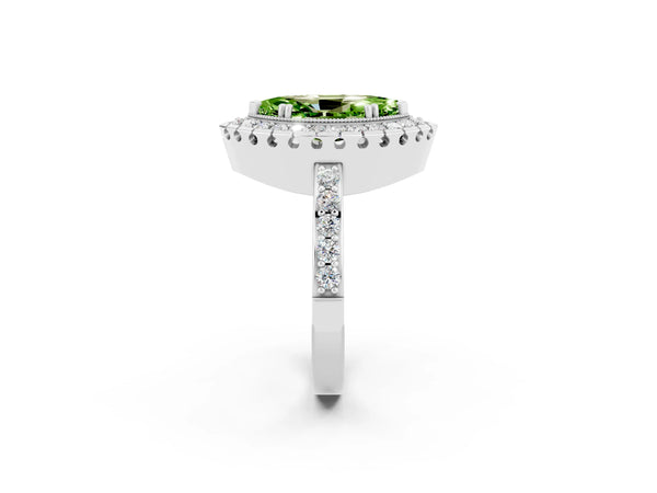 Platinum Marquise Cut Peridot Halo Ring with Pavé Band and Prong Setting