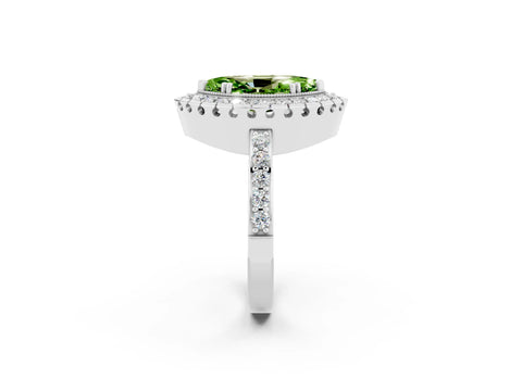White gold Marquise Cut Peridot Halo Ring with Pavé Band and Prong Setting_2