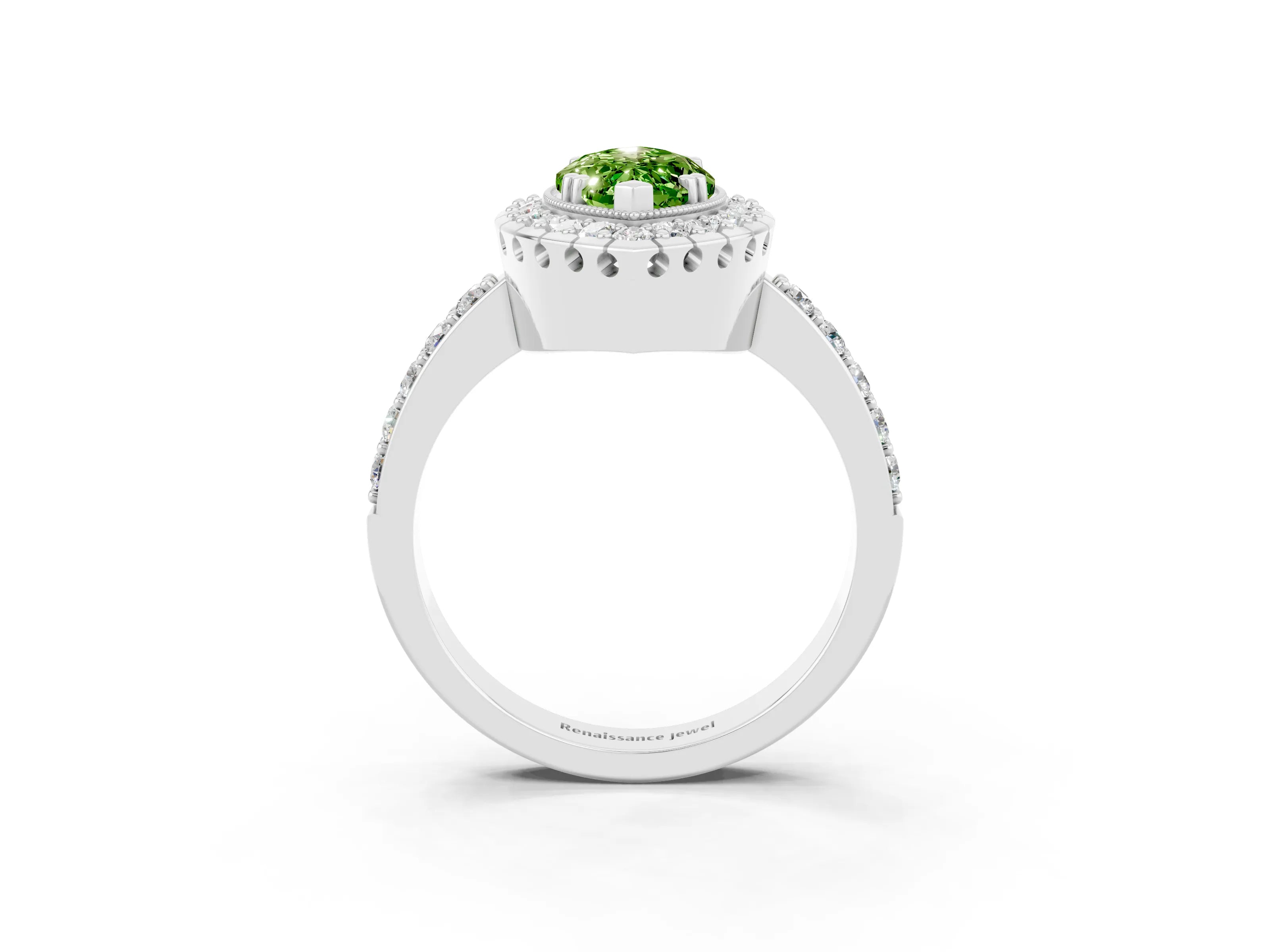White gold Marquise Cut Peridot Halo Ring with Pavé Band and Prong Setting_3