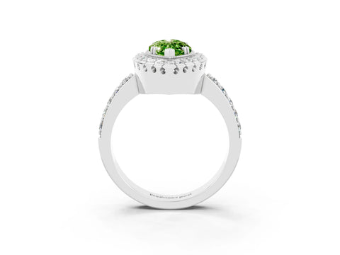 White gold Marquise Cut Peridot Halo Ring with Pavé Band and Prong Setting_3
