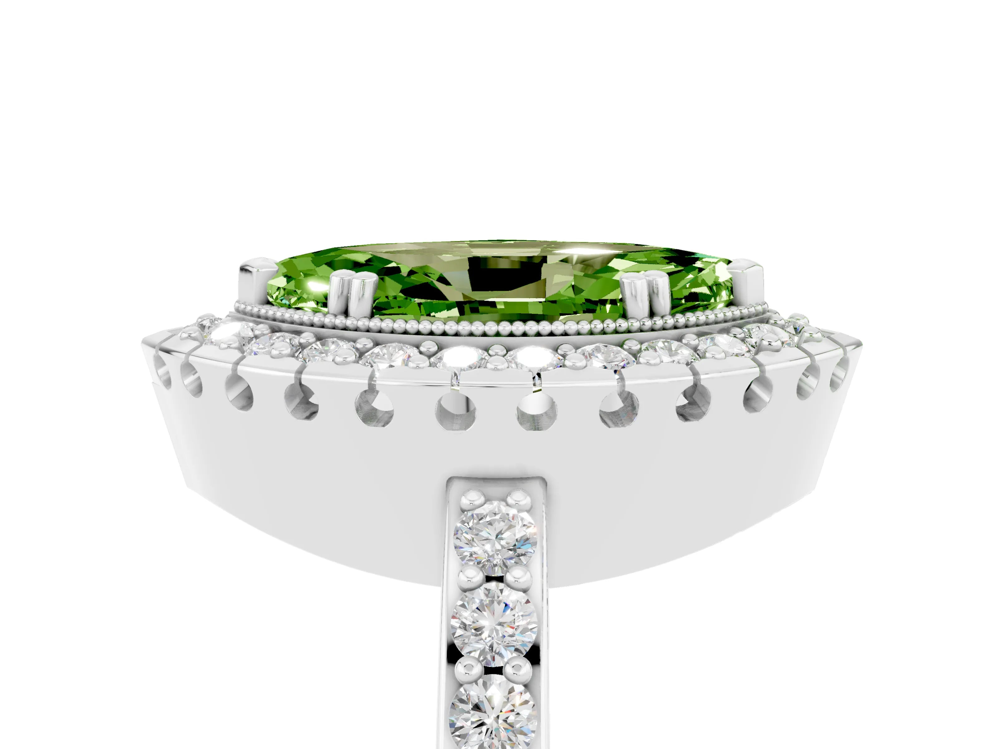 White gold Marquise Cut Peridot Halo Ring with Pavé Band and Prong Setting_5
