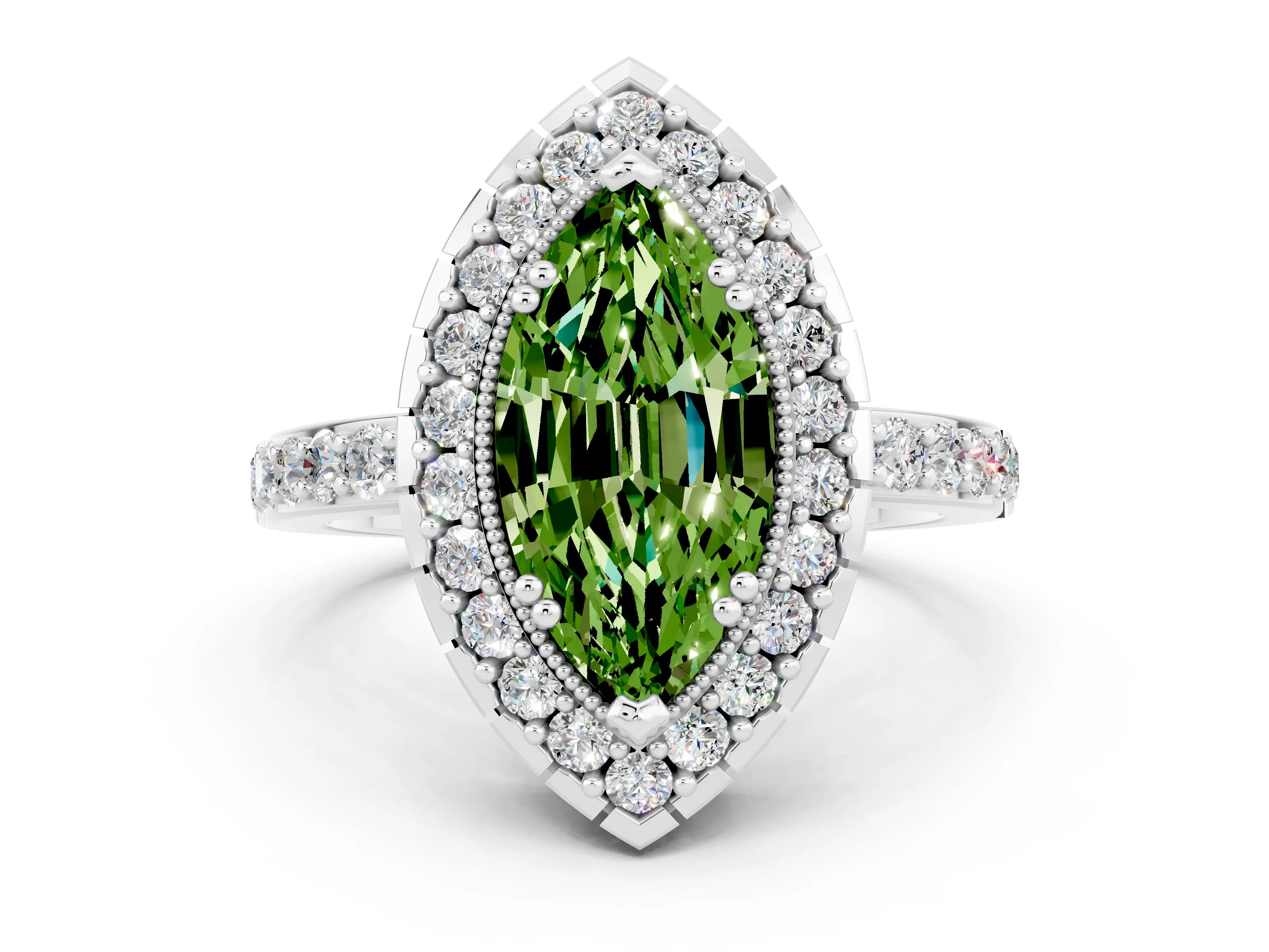 White gold Marquise Cut Peridot Halo Ring with Pavé Band and Prong Setting