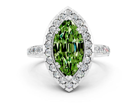 White gold Marquise Cut Peridot Halo Ring with Pavé Band and Prong Setting