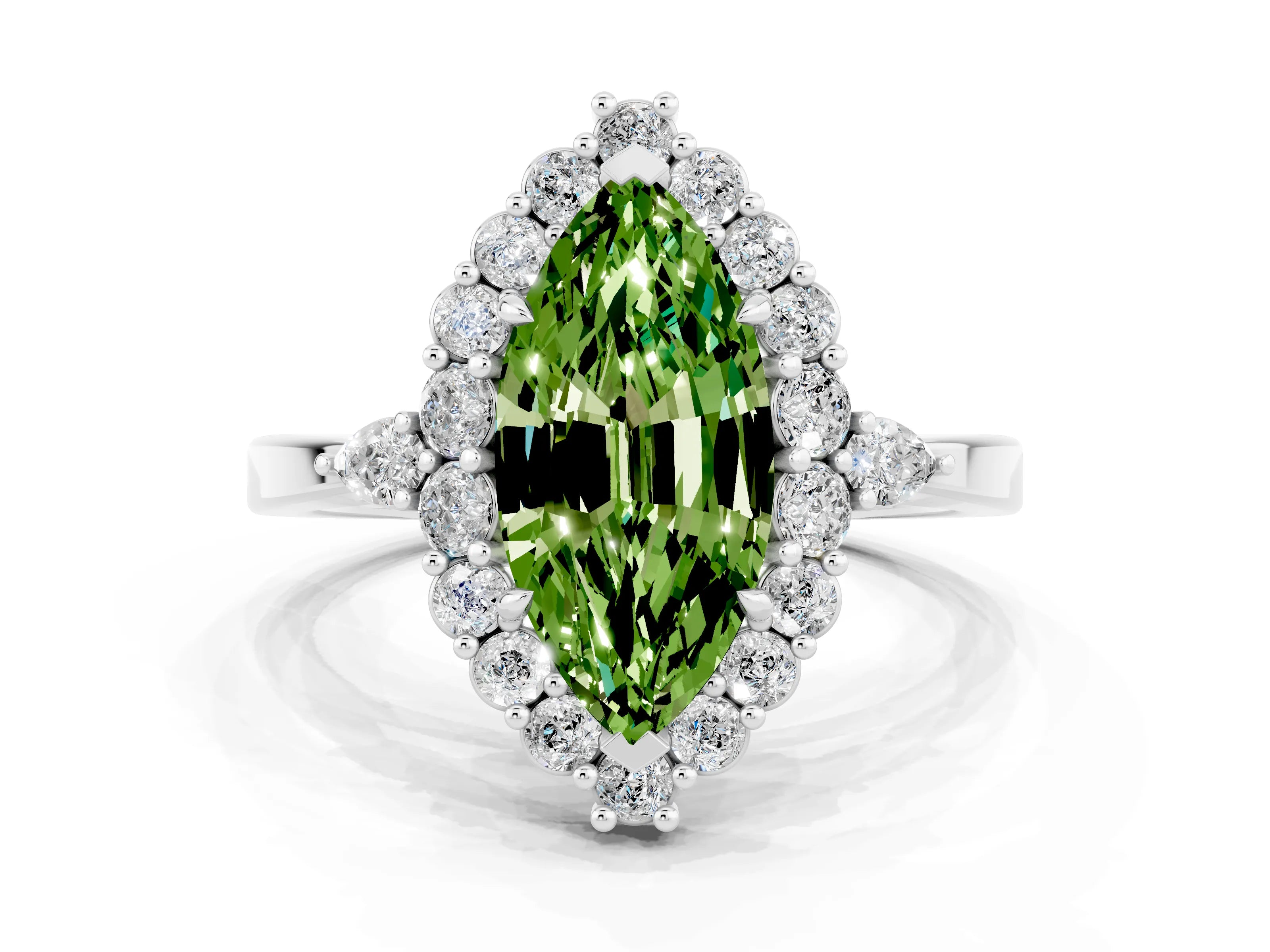 White gold Marquise Cut Peridot Halo Ring with Pear Side Stones and Prong Setting_36