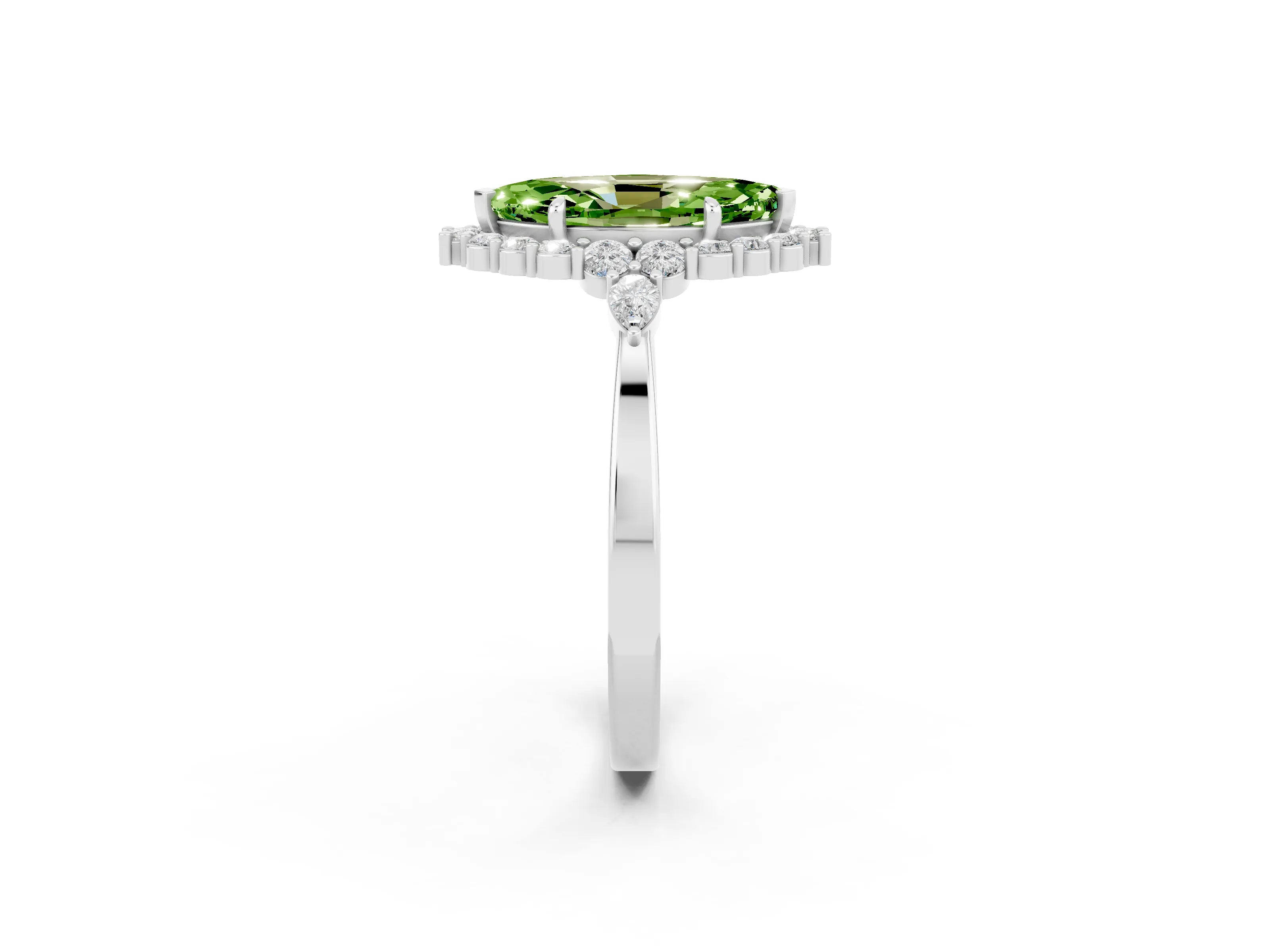 White gold Marquise Cut Peridot Halo Ring with Pear Side Stones and Prong Setting_37