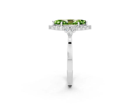 White gold Marquise Cut Peridot Halo Ring with Pear Side Stones and Prong Setting_38