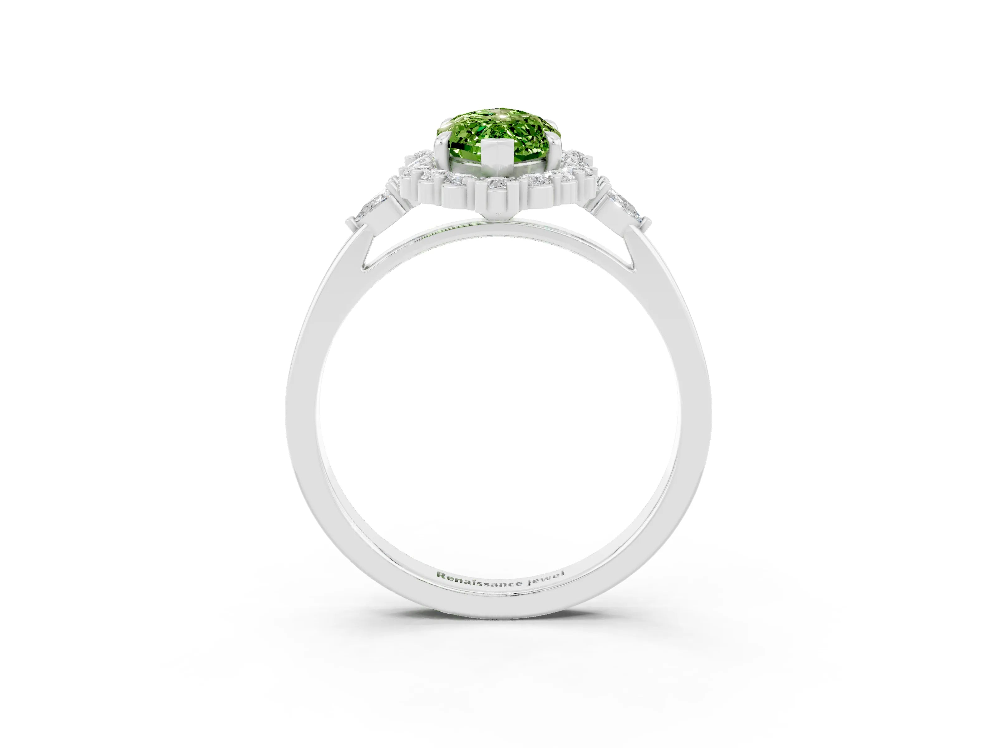White gold Marquise Cut Peridot Halo Ring with Pear Side Stones and Prong Setting_39