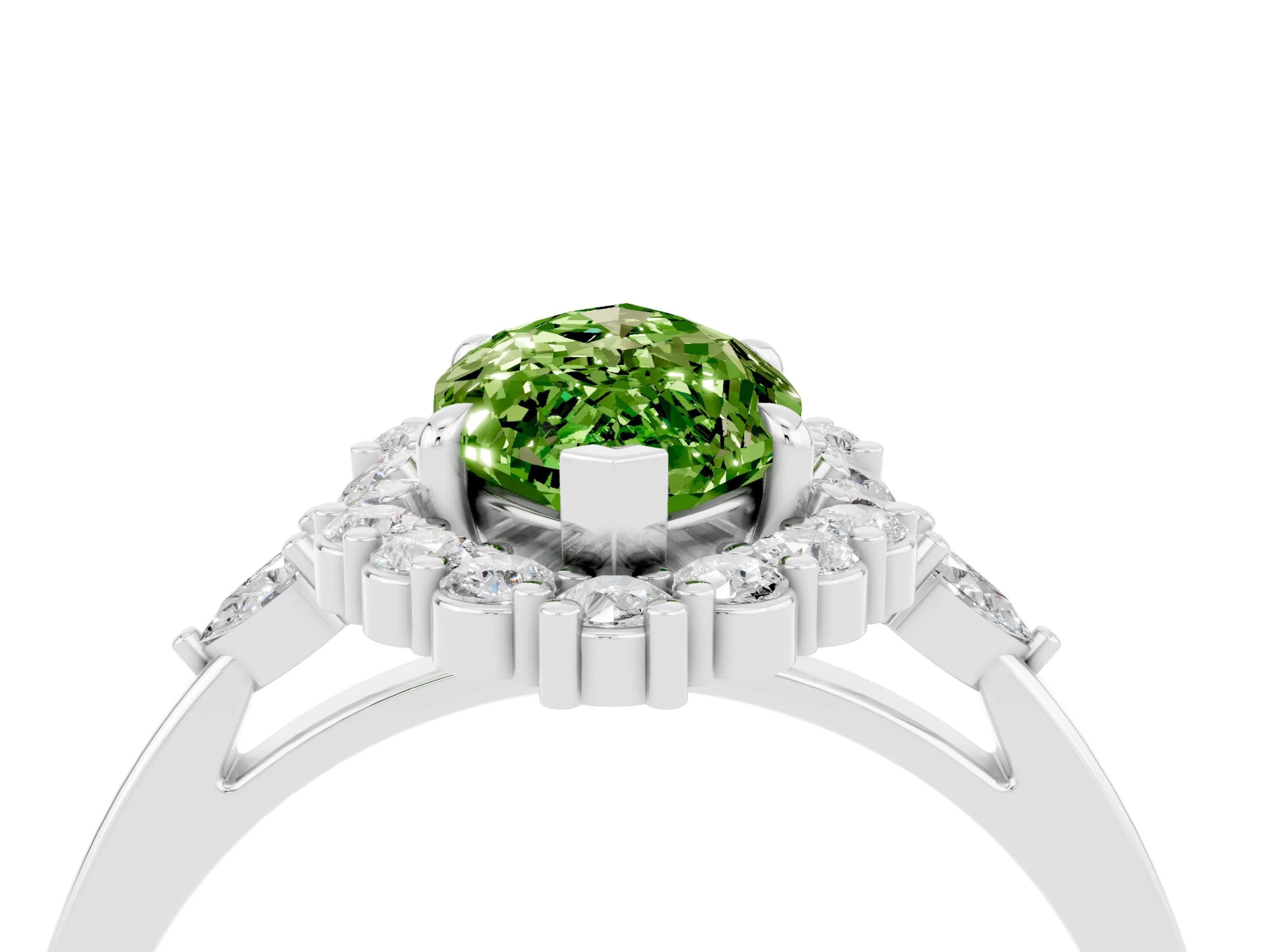White gold Marquise Cut Peridot Halo Ring with Pear Side Stones and Prong Setting_40