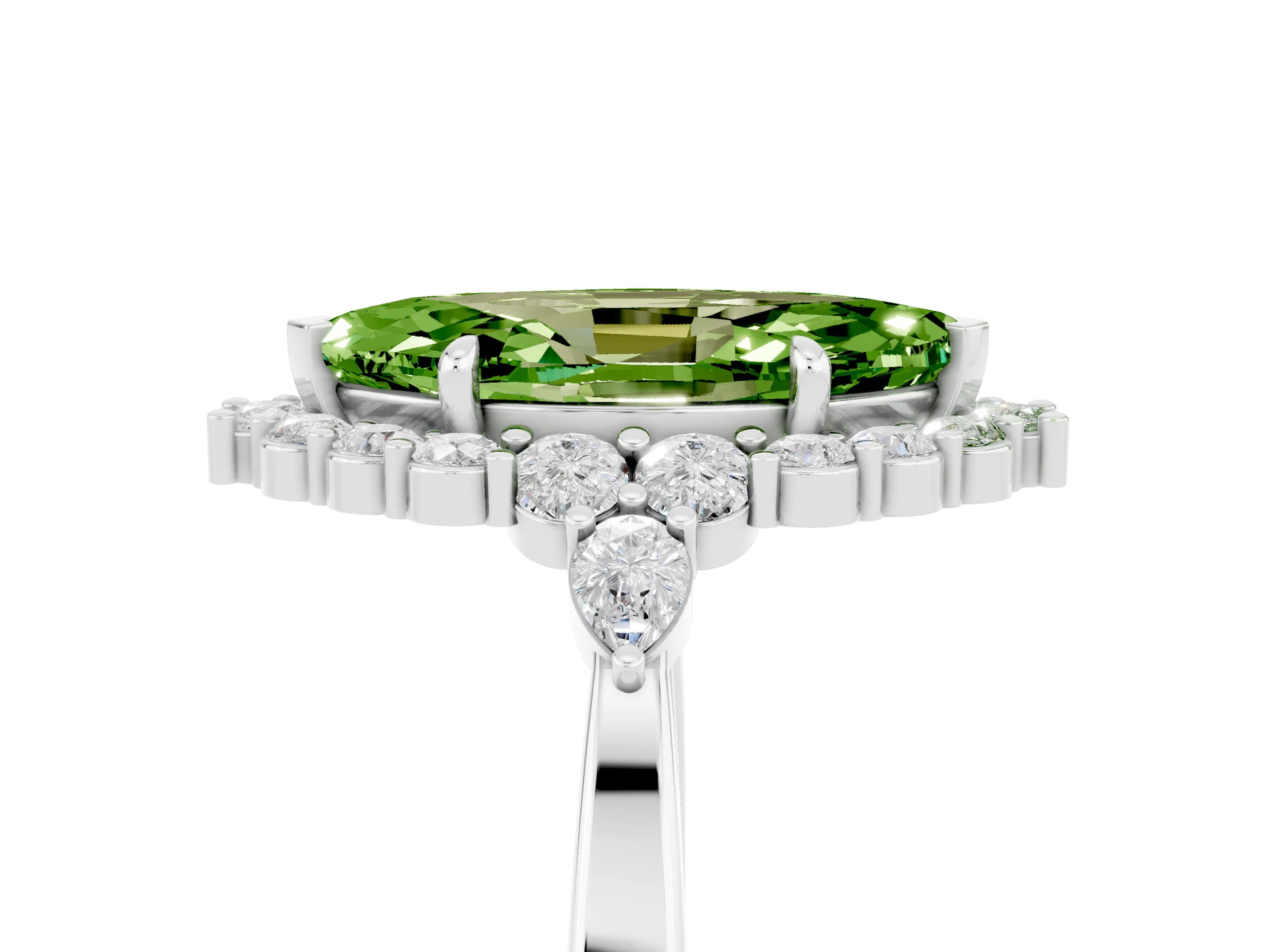 White gold Marquise Cut Peridot Halo Ring with Pear Side Stones and Prong Setting_41