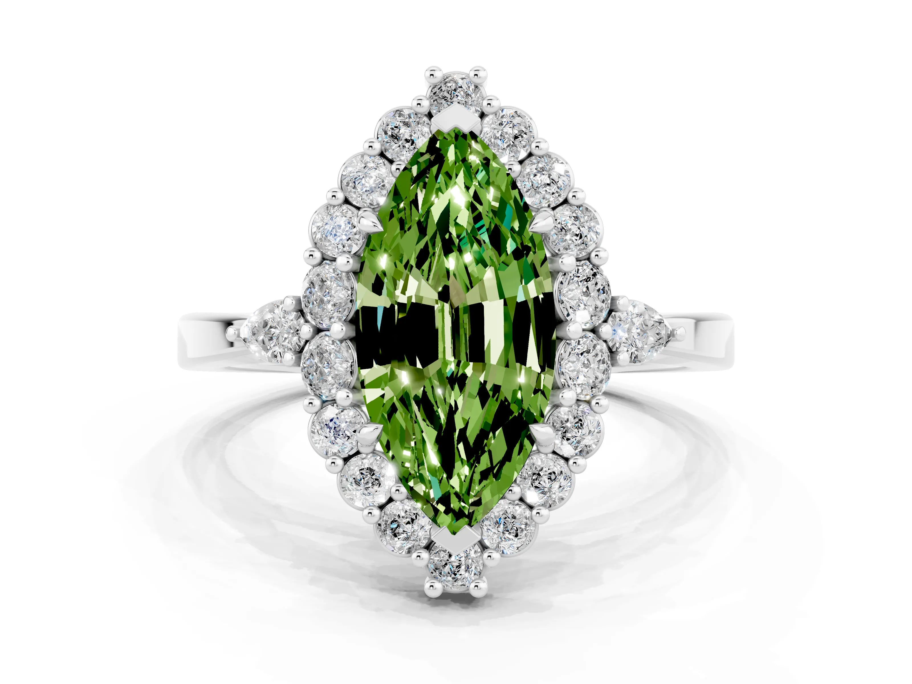 White gold Marquise Cut Peridot Halo Ring with Pear Side Stones and Prong Setting_47