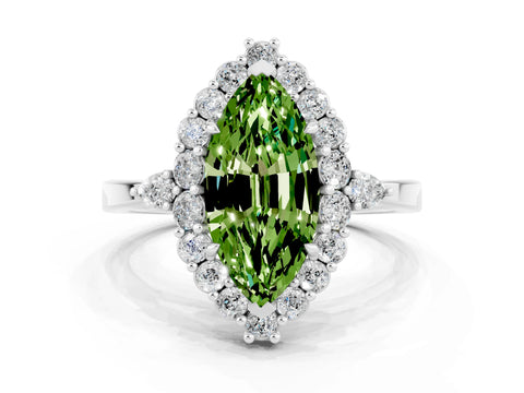 White gold Marquise Cut Peridot Halo Ring with Pear Side Stones and Prong Setting_48