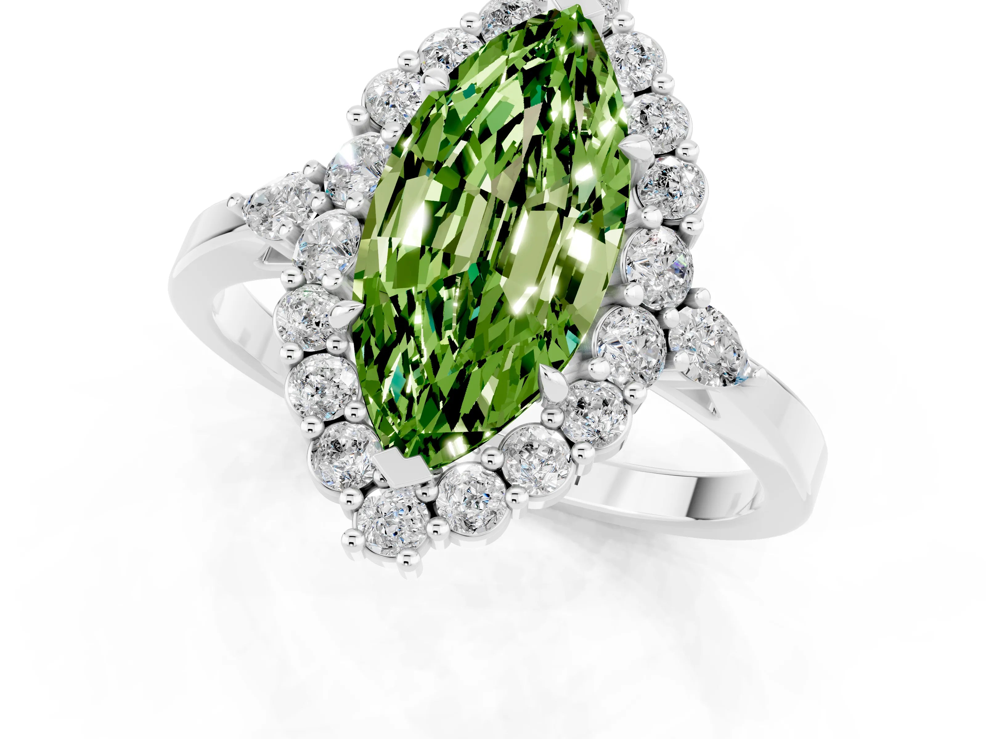 White gold Marquise Cut Peridot Halo Ring with Pear Side Stones and Prong Setting_48