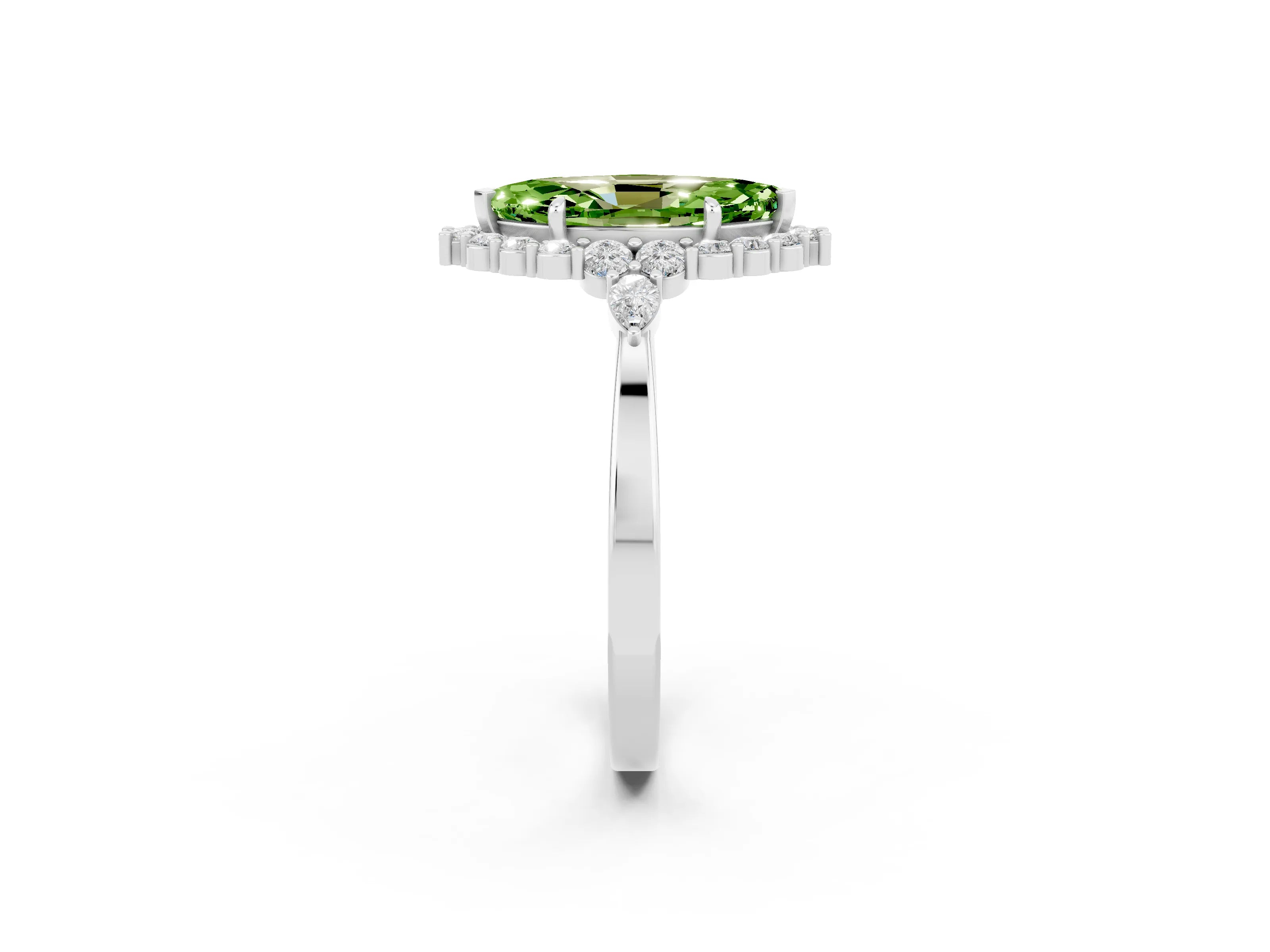 White gold Marquise Cut Peridot Halo Ring with Pear Side Stones and Prong Setting_50