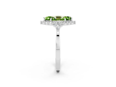 White gold Marquise Cut Peridot Halo Ring with Pear Side Stones and Prong Setting_50