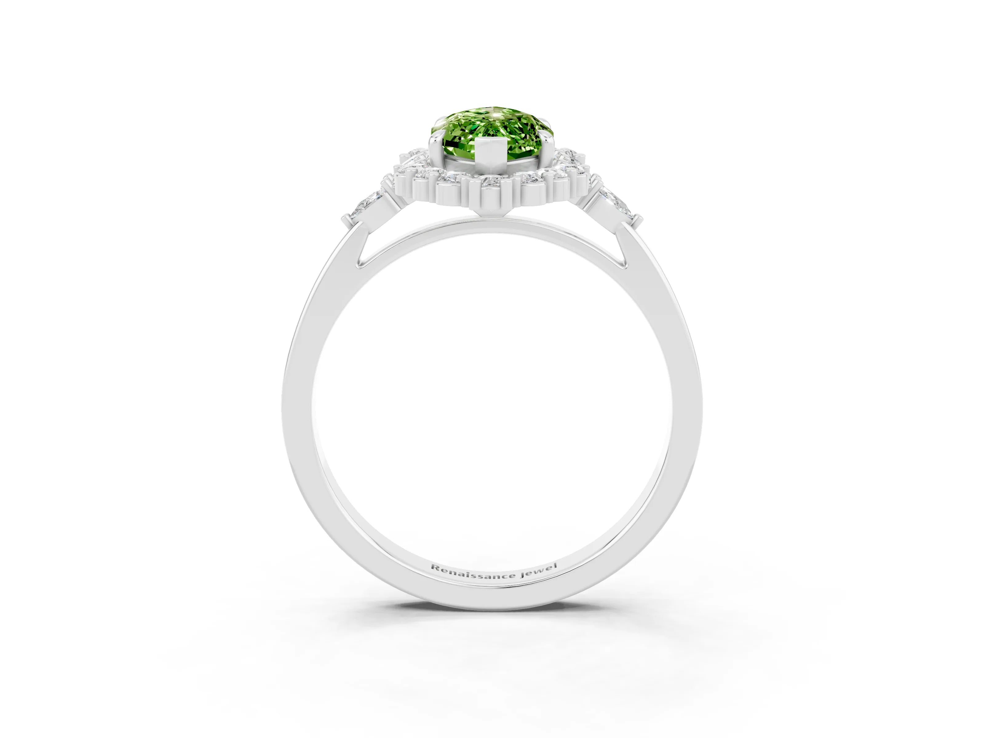 White gold Marquise Cut Peridot Halo Ring with Pear Side Stones and Prong Setting_51