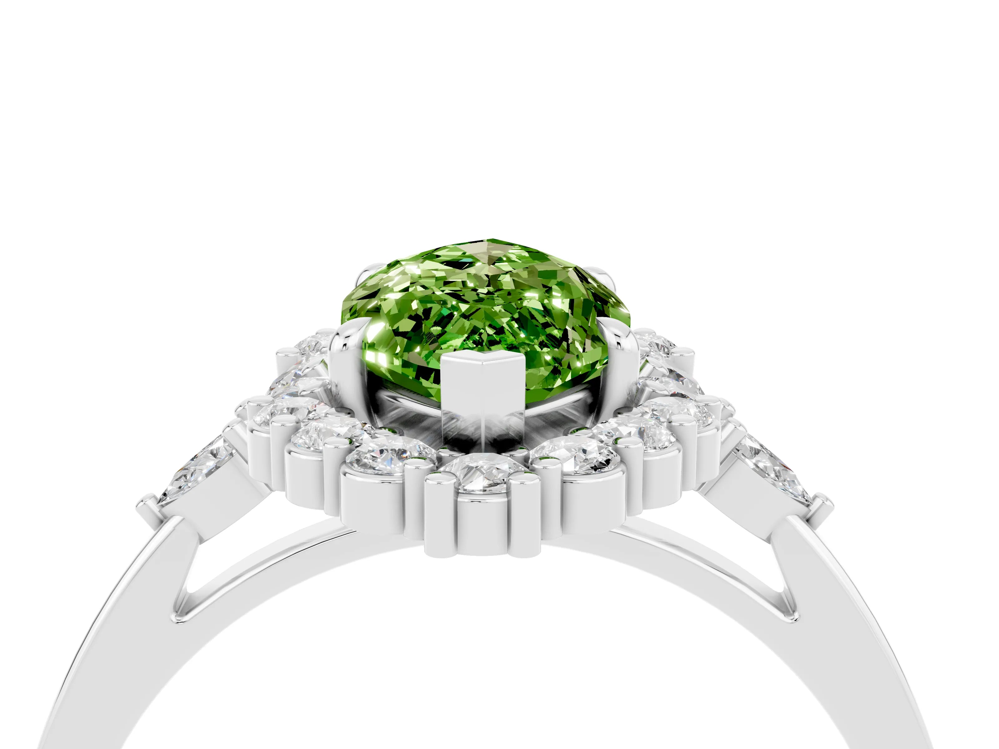 White gold Marquise Cut Peridot Halo Ring with Pear Side Stones and Prong Setting_52