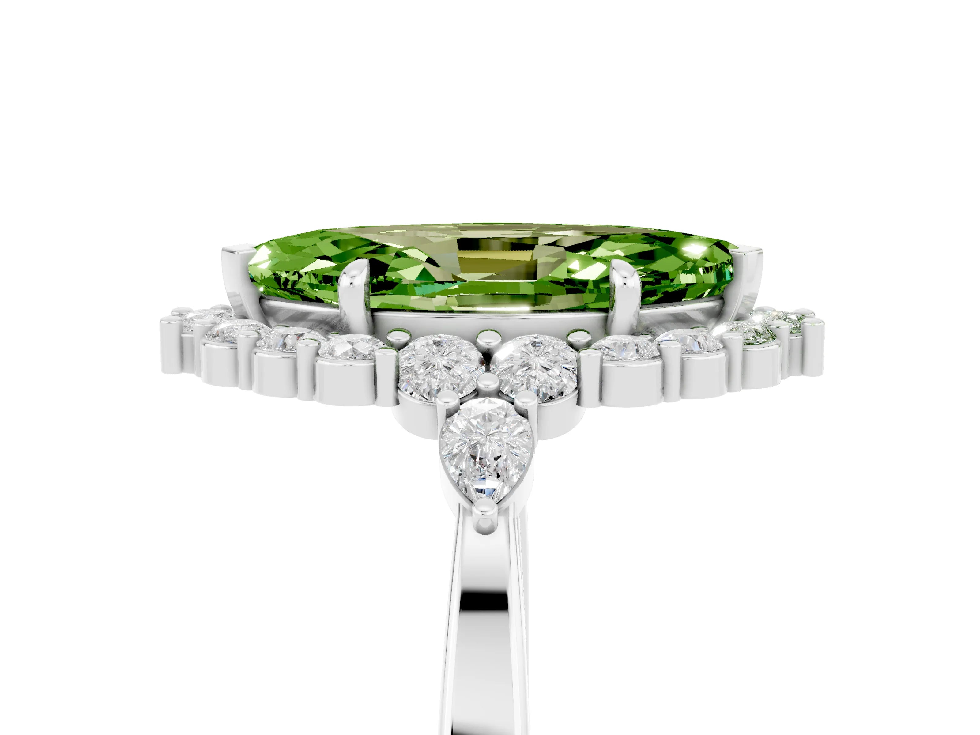 White gold Marquise Cut Peridot Halo Ring with Pear Side Stones and Prong Setting_53