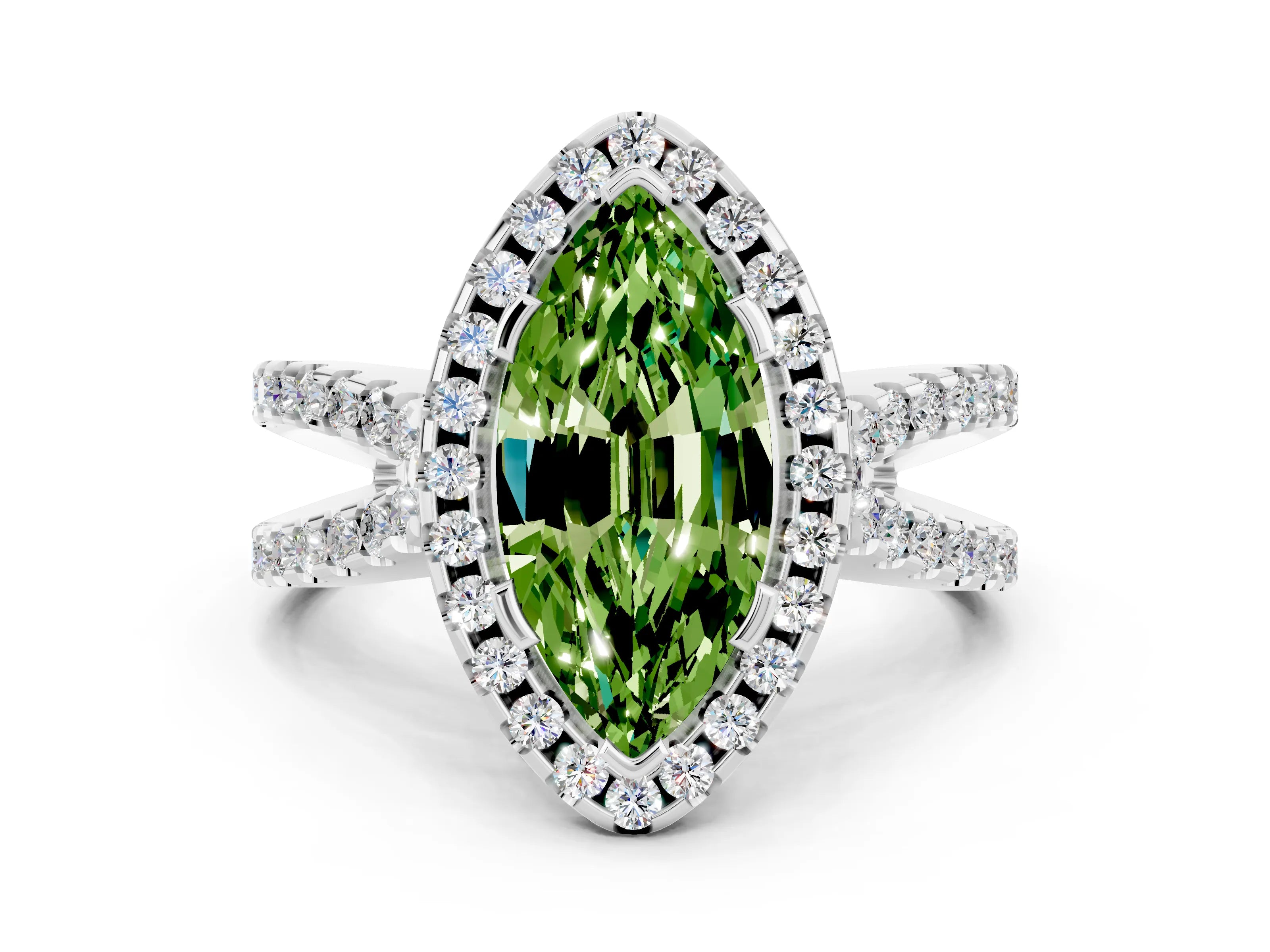 White gold Marquise Cut Peridot Halo Ring with Split Shank Pavé Band and Prong Setting