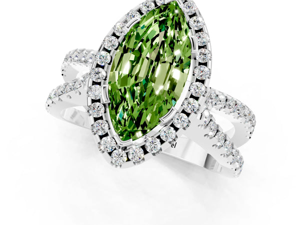 White gold Marquise Cut Peridot Halo Ring with Split Shank Pavé Band and Prong Setting