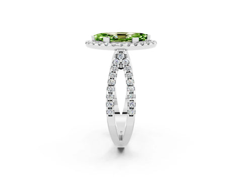 White gold Marquise Cut Peridot Halo Ring with Split Shank Pavé Band and Prong Setting_2