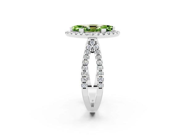 White gold Marquise Cut Peridot Halo Ring with Split Shank Pavé Band and Prong Setting