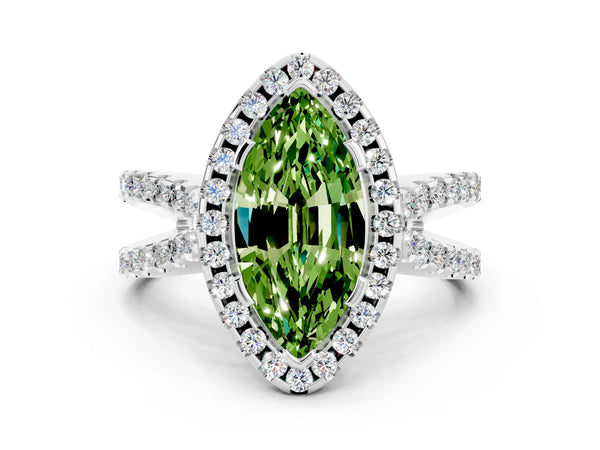 White gold Marquise Cut Peridot Halo Ring with Split Shank Pavé Band and Prong Setting