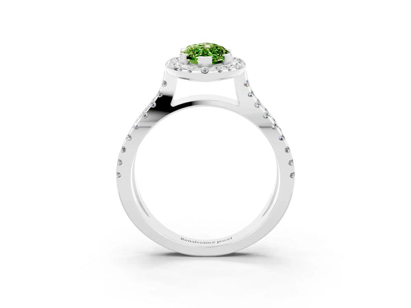 Platinum Marquise Cut Peridot Halo Ring with Split Shank Pavé Band and Prong Setting
