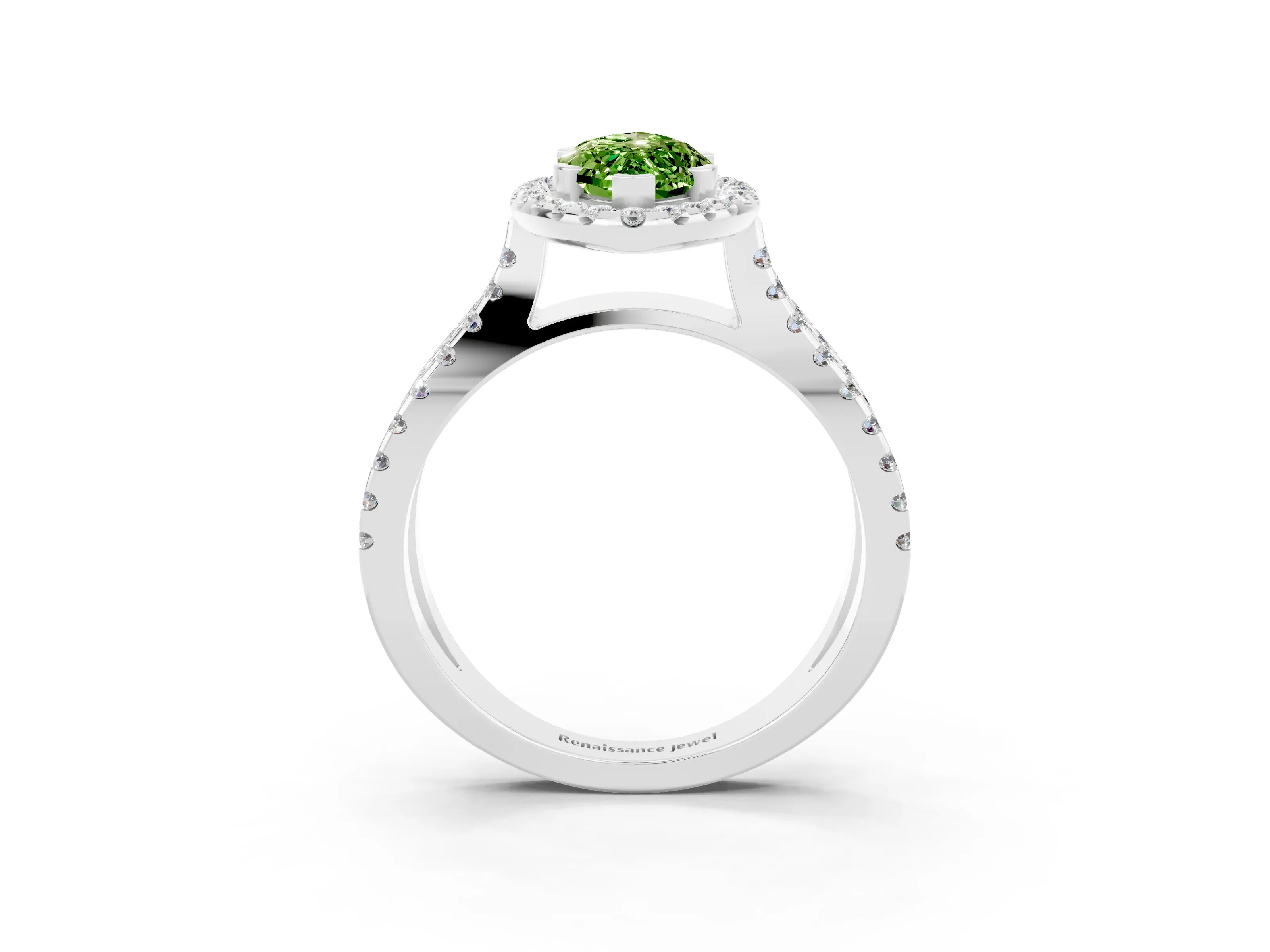 White gold Marquise Cut Peridot Halo Ring with Split Shank Pavé Band and Prong Setting_3