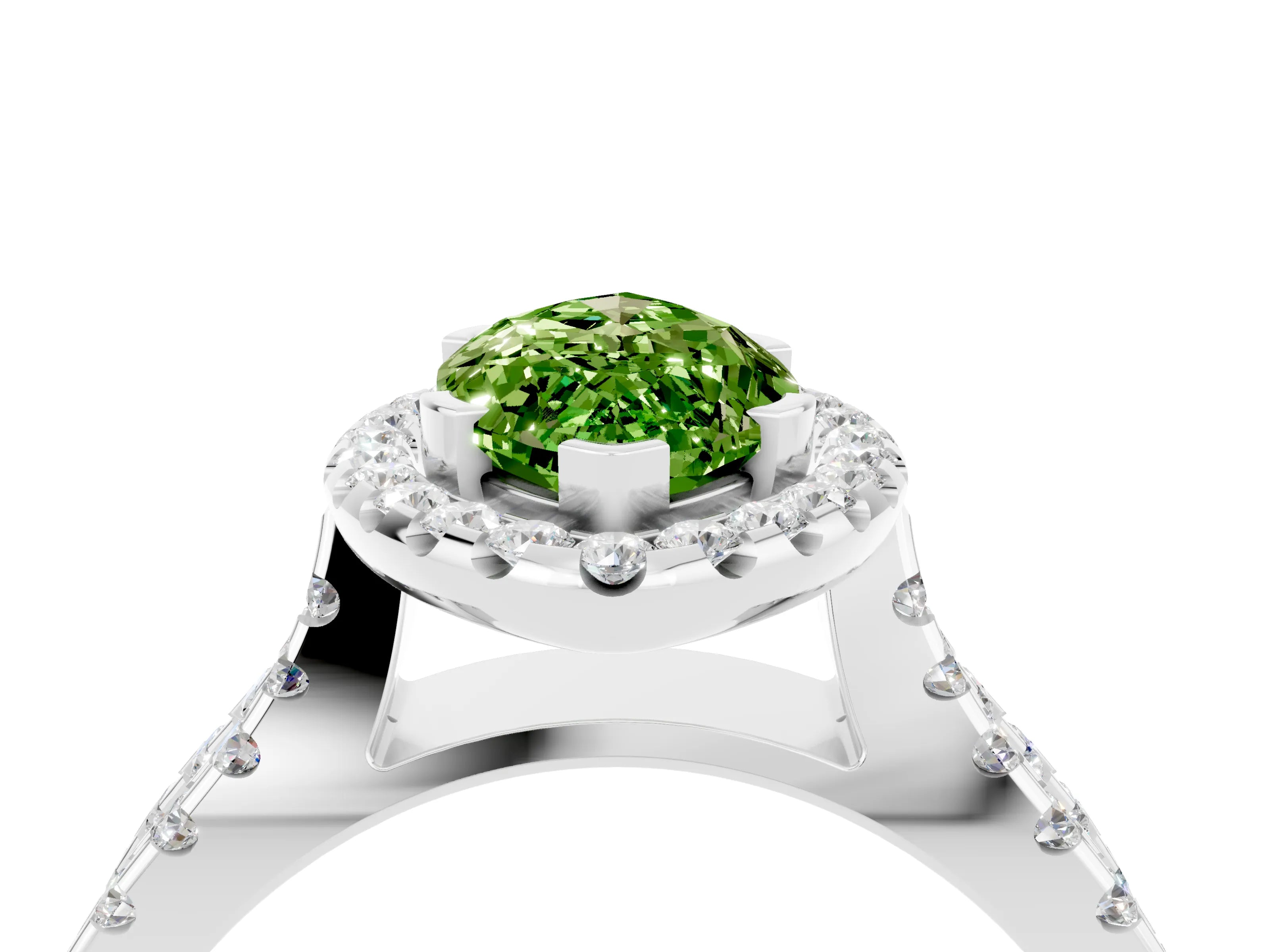White gold Marquise Cut Peridot Halo Ring with Split Shank Pavé Band and Prong Setting_4