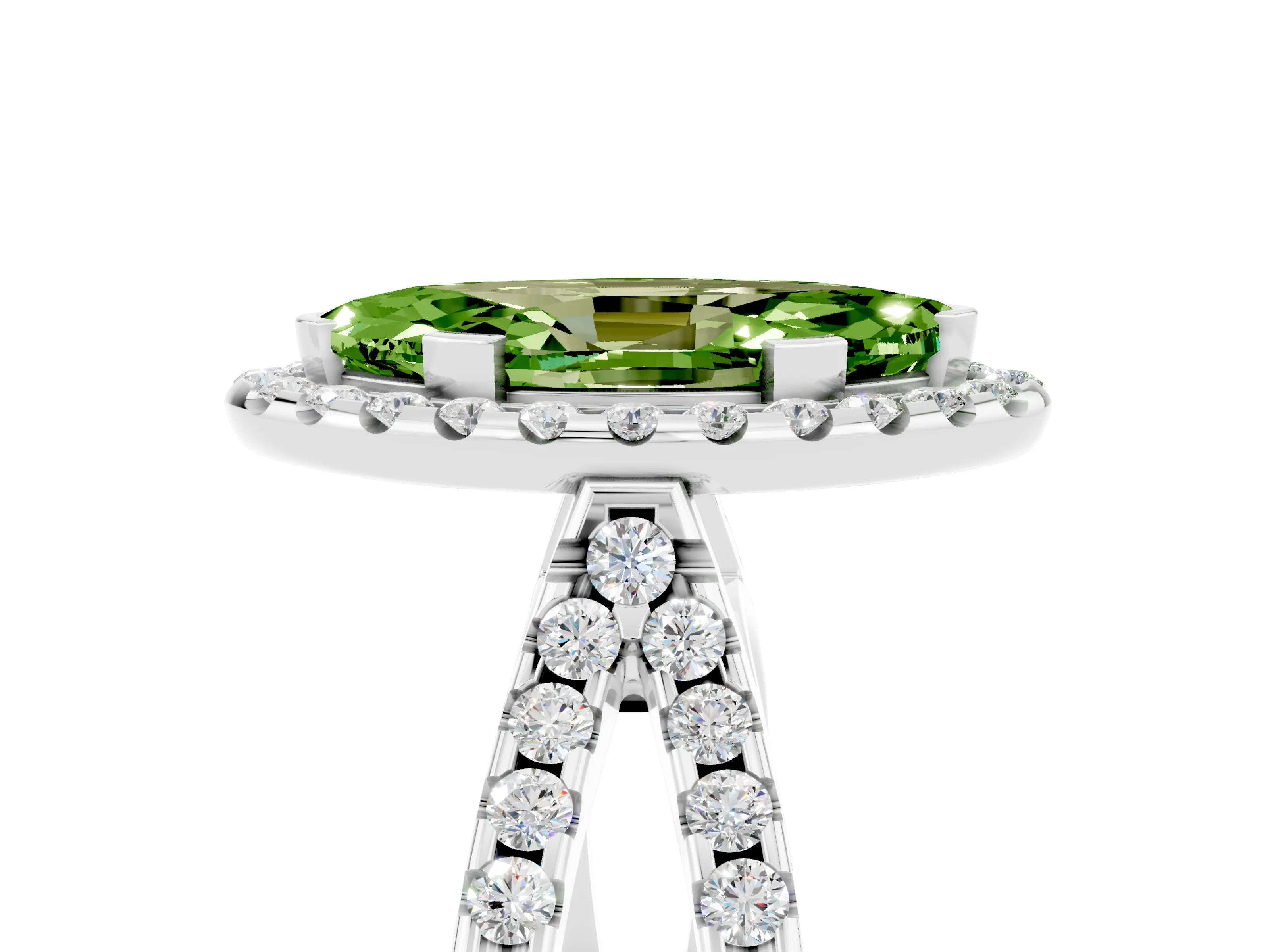 White gold Marquise Cut Peridot Halo Ring with Split Shank Pavé Band and Prong Setting_5