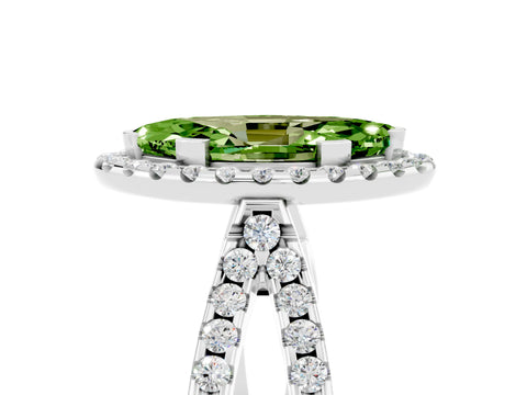 White gold Marquise Cut Peridot Halo Ring with Split Shank Pavé Band and Prong Setting_5