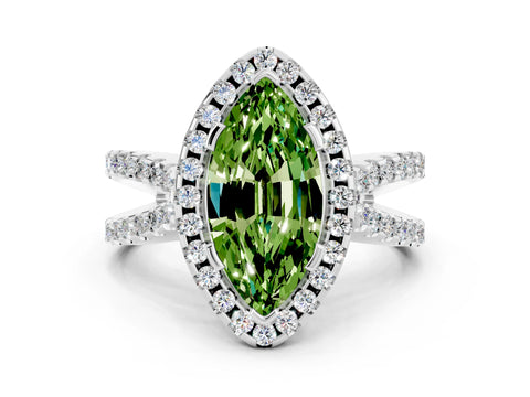 White gold Marquise Cut Peridot Halo Ring with Split Shank Pavé Band and Prong Setting